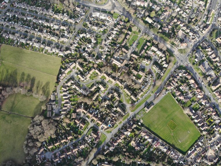 Drone shot showing an area of residential properties in East Sussex